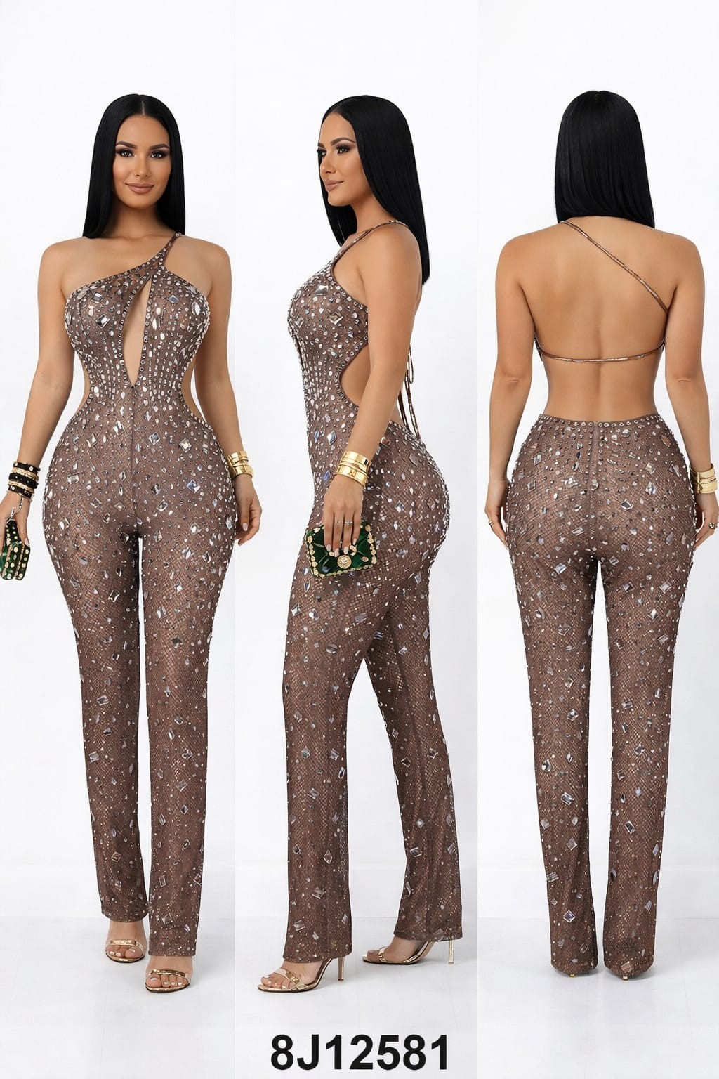 Women's Rhinestone One-Shoulder Keyhole Jumpsuit