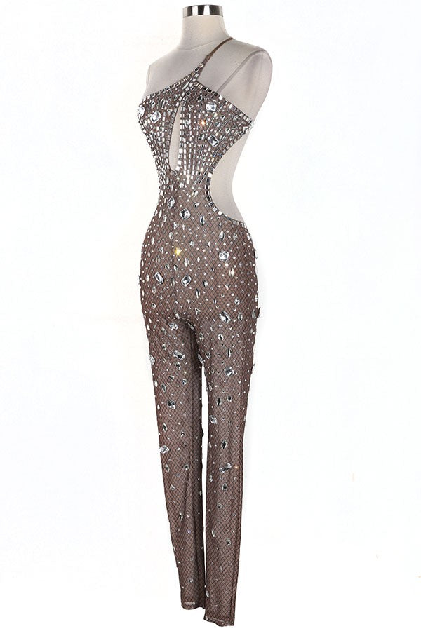 Women's Rhinestone One-Shoulder Keyhole Jumpsuit - photo 3