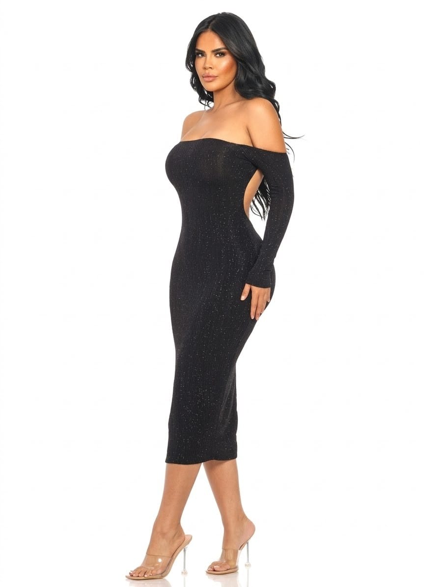 Women's Black Midnight Allure Open Back Long Sleeve Midi Dress – front view