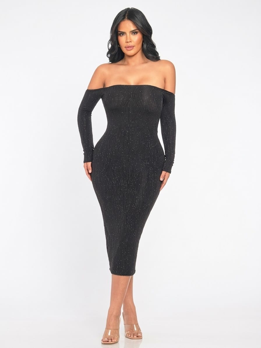 Women's Black Midnight Allure Open Back Long Sleeve Midi Dress – side view