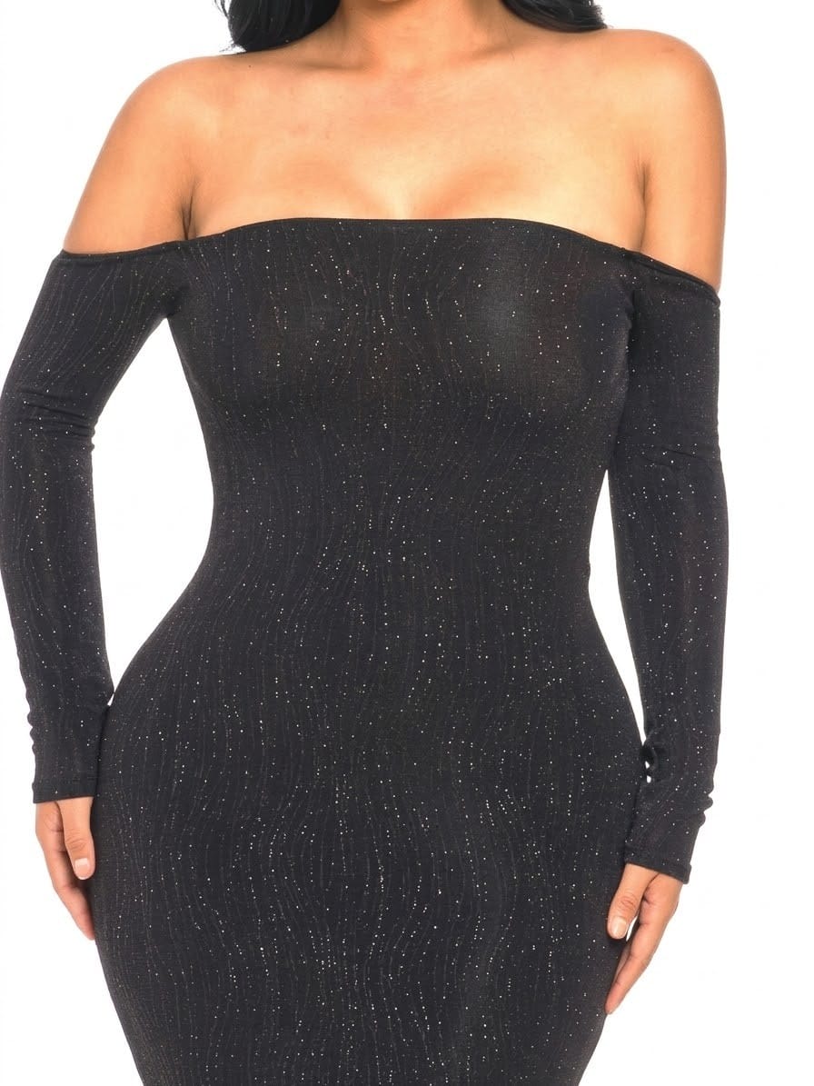 Women's Black Midnight Allure Open Back Long Sleeve Midi Dress – detail view