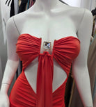 Women's Orange Solara Drape Strapless Cutout Ruched Bodycon Maxi Gown – back view