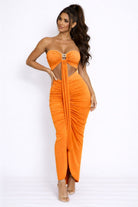 Women's Orange Solara Drape Strapless Cutout Ruched Bodycon Maxi Gown – front view