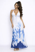Women's Blue Liora Bloom Floral Print Halter Plunge Mesh Maxi Dress – front view