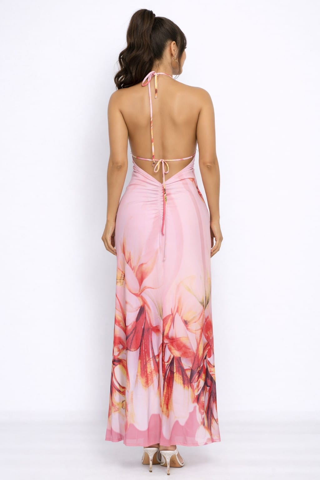 Women's Blue Liora Bloom Floral Print Halter Plunge Mesh Maxi Dress – detail view