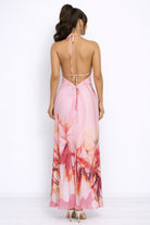 Women's Blue Liora Bloom Floral Print Halter Plunge Mesh Maxi Dress – detail view