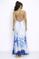 Women's Blue Liora Bloom Floral Print Halter Plunge Mesh Maxi Dress – back view