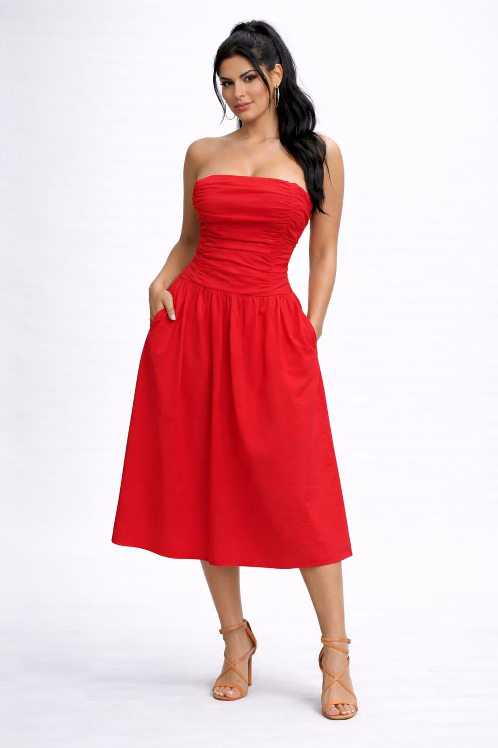 Women's Élan Muse Strapless Ruched Fit and Flare Midi Dress – side view