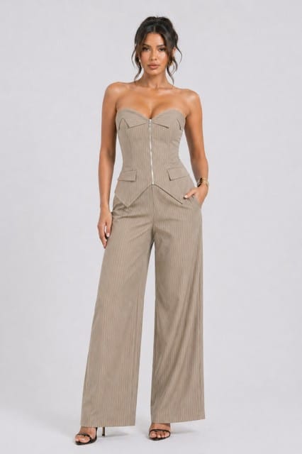 Women's Power Structure Strapless Corset Top & Wide Leg Pant Set – front view