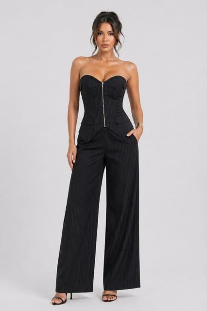 Women's Power Structure Strapless Corset Top & Wide Leg Pant Set – side view