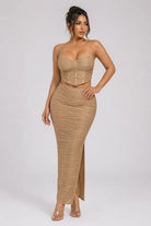 Women's Lustrous Texture Lurex Bustier Top & Midi Skirt Set – front view