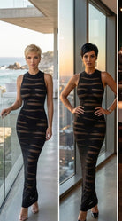 Women's Black Noir Veil Sheer Knit Maxi Dress – full-length view