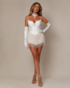 Women's white strapless pearl-fringe corset bandage mini dress