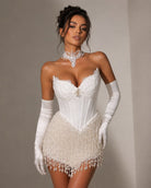 Pearl fringe detail on women's white corset bandage mini dress