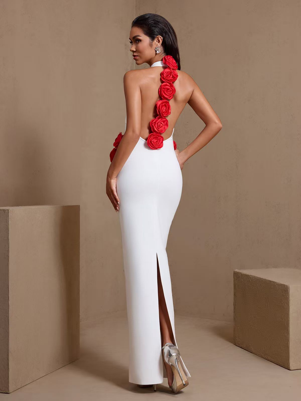 Women's white halter bandage maxi dress with red rose accents