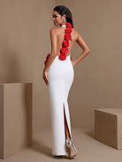 Women's white halter bandage maxi dress with red rose accents