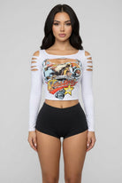 Women's Faster Graphic Slit Front Off-Shoulder Crop Top – model view