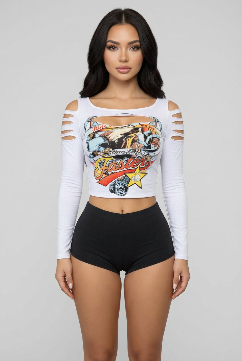 Women's Faster Graphic Slit Front Off-Shoulder Crop Top – model view