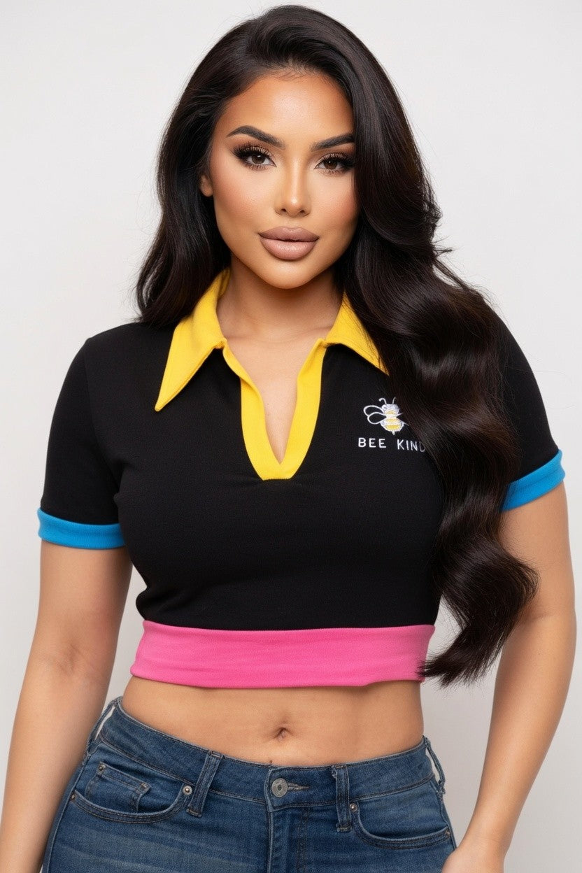 Women's Bee Kind Color Block Collared Crop Top – back view