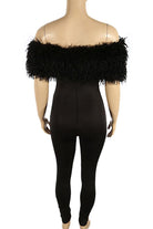 Women's black off-shoulder faux fur trim fitted jumpsuit - photo 3