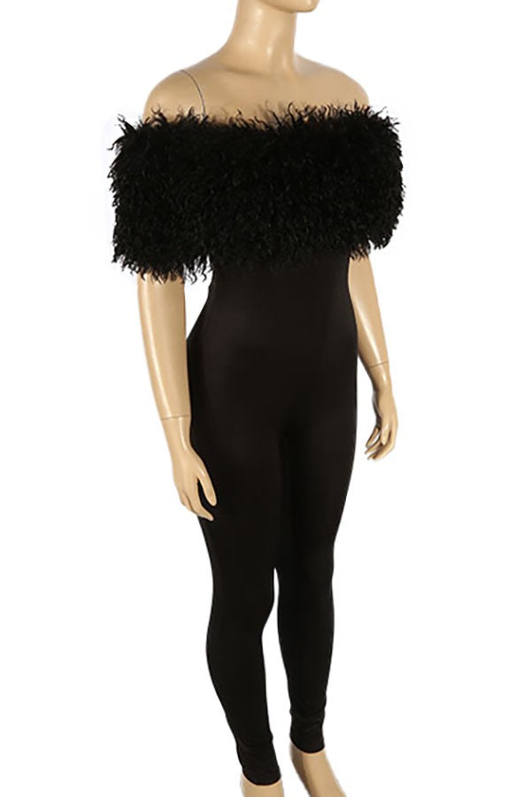 Women's black off-shoulder faux fur trim fitted jumpsuit - photo 2