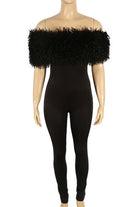 Women's black off-shoulder faux fur trim fitted jumpsuit