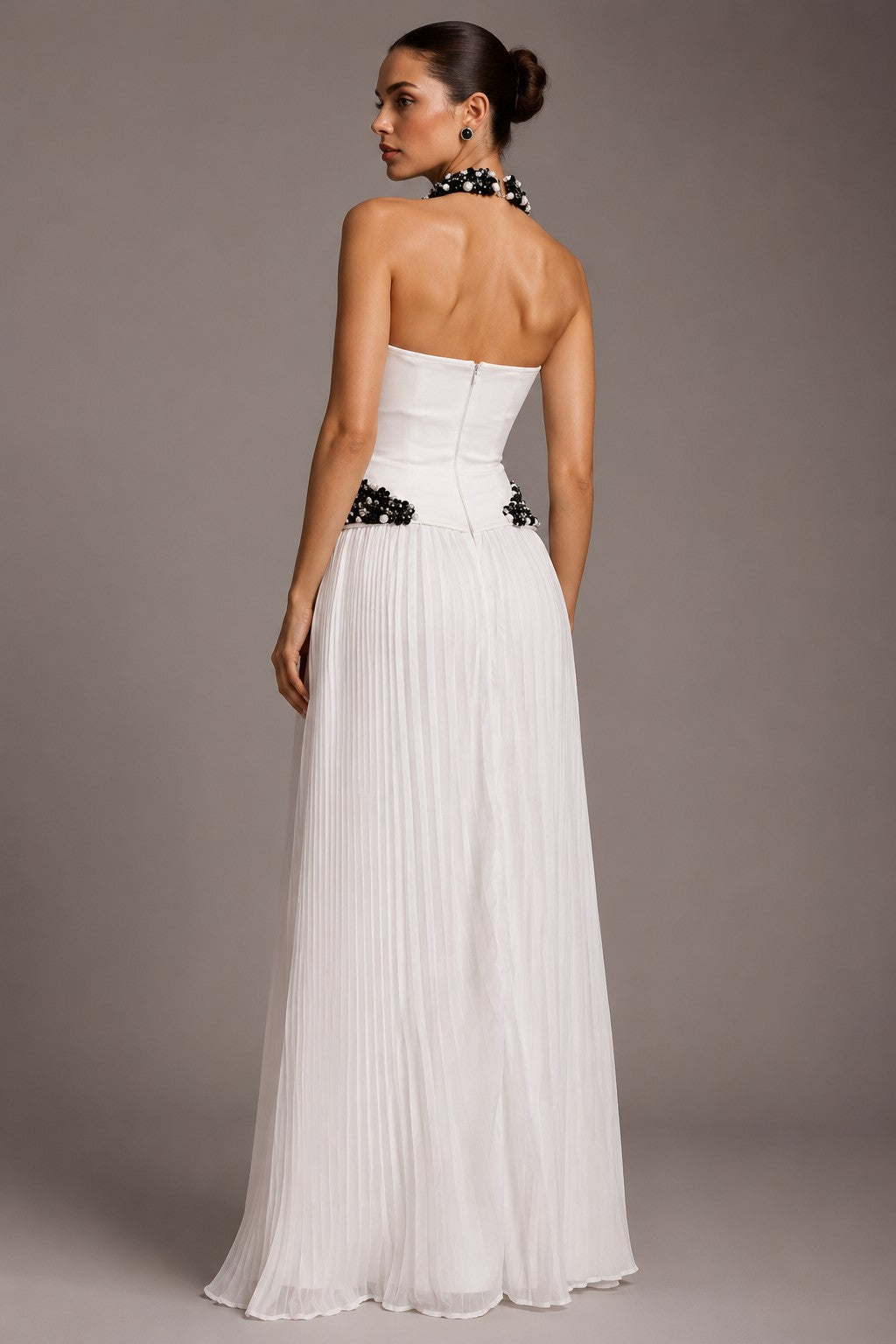 Women's white strapless corset maxi dress with sheer chiffon skirt - back