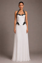 Women's white strapless corset maxi dress with sheer chiffon skirt