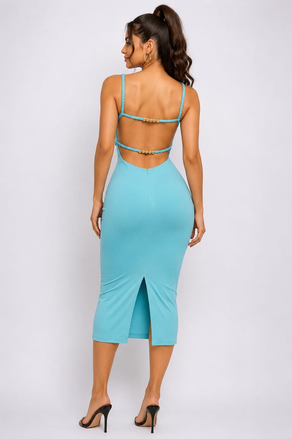 Women's Blue Golden Hour Sculpt Open Back Bodycon Midi Dress – back view