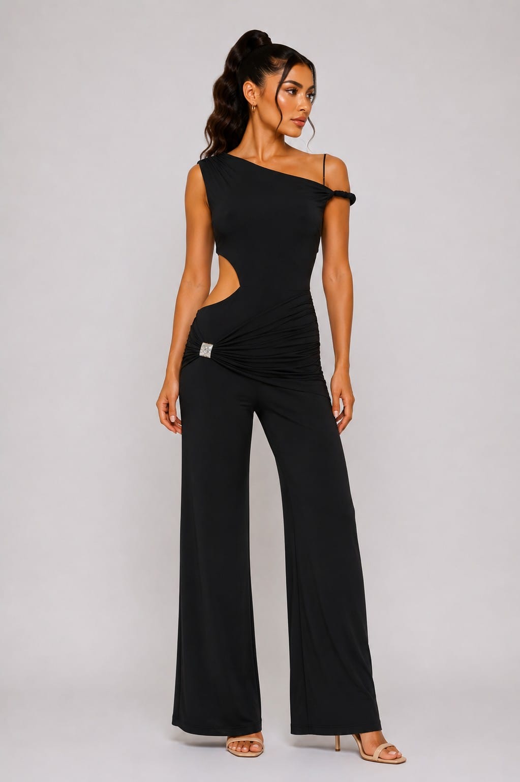 Women's After Midnight Cowl Neck Halter Flare Leg Jumpsuit – front view