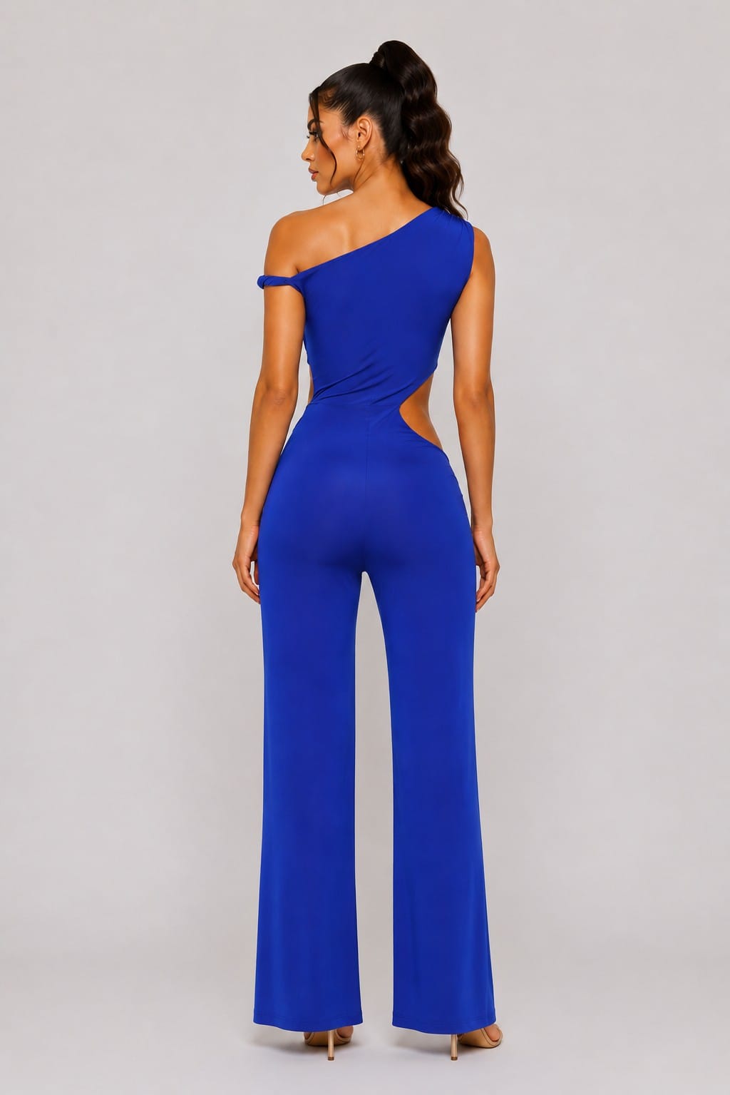 Women's After Midnight Cowl Neck Halter Flare Leg Jumpsuit – detail view