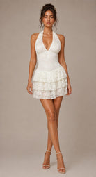 Women's Cream Moonlit Heiress Lace Halter Corset Ruffle Mini Dress – side view