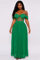 Women's Off-Shoulder Braided Trim Flowy Maxi Gown