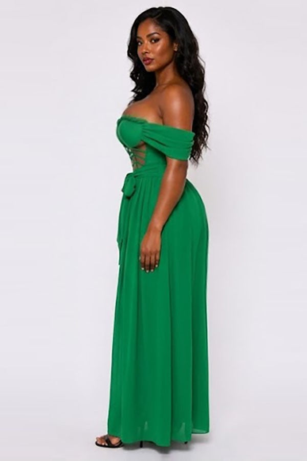 Women's Off-Shoulder Braided Trim Flowy Maxi Gown - photo 2