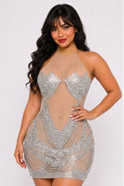 Women's silver sequin halter plunge sculpted cup mini dress