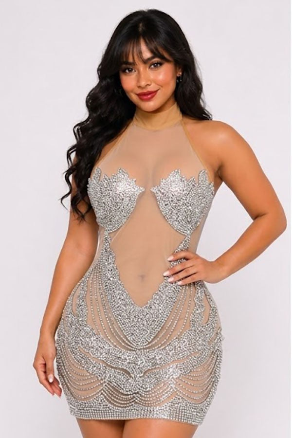 Women's silver sequin halter plunge sculpted cup mini dress