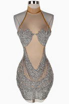 Women's silver sequin halter plunge sculpted cup mini dress - photo 4