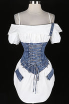 Women's Off-Shoulder Ruffle Top Lace-Up Denim Corset Mini Dress - photo 2