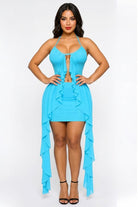 Women's Halter Deep V Ruffle Trim Asymmetric Mini Dress