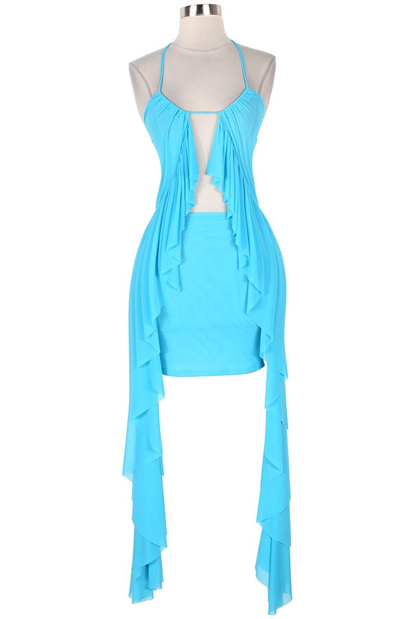 Women's Halter Deep V Ruffle Trim Asymmetric Mini Dress - photo 2