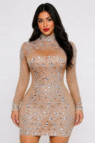 Women's Rhinestone Glitter Sheer Long Sleeve Mini Dress