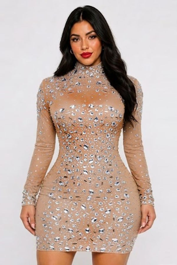 Women's Rhinestone Glitter Sheer Long Sleeve Mini Dress