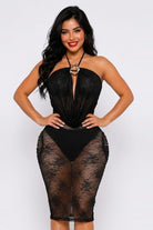 Women's Lace Halter Ring Plunge Midi Dress