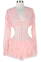 Women's pink lace-up corset sheer sleeve ruffle romper - photo 4