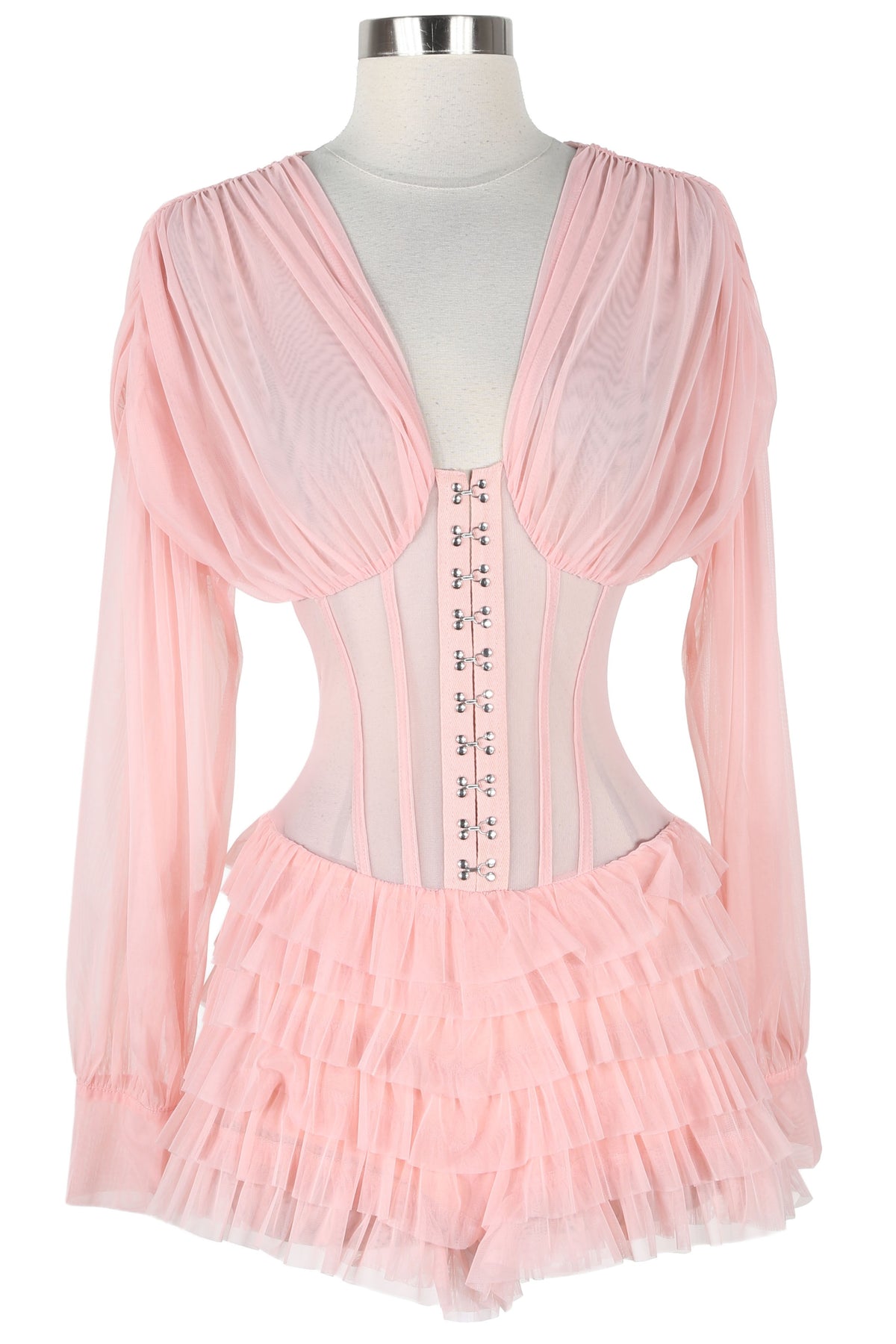 Women's pink lace-up corset sheer sleeve ruffle romper - photo 4
