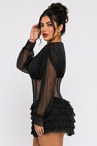 Women's black lace-up corset sheer sleeve ruffle romper - photo 2