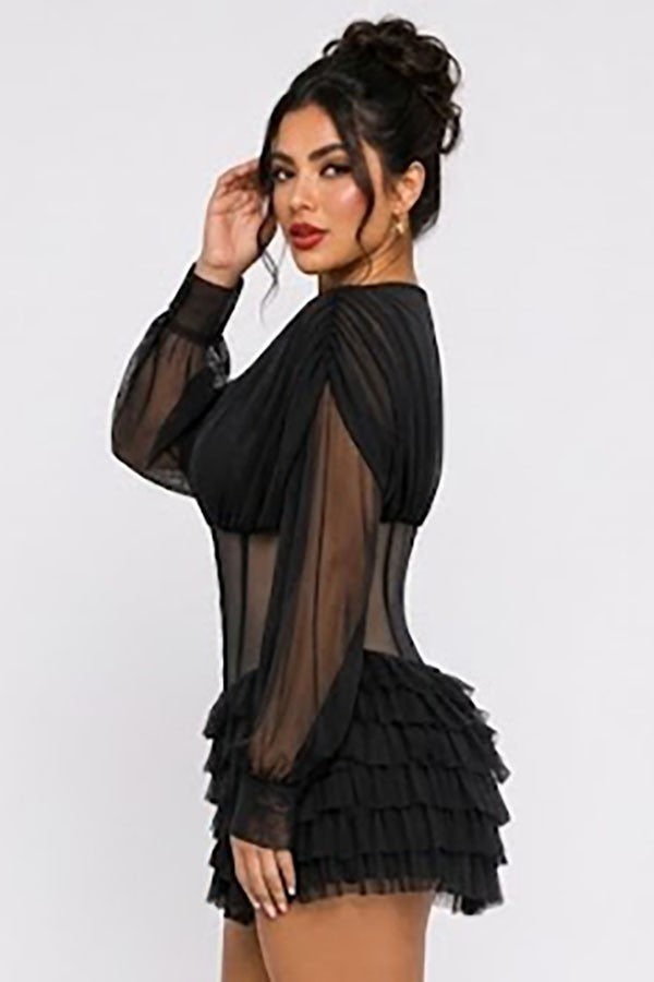 Women's black lace-up corset sheer sleeve ruffle romper - photo 2