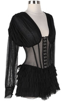 Women's black lace-up corset sheer sleeve ruffle romper - photo 4