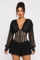 Women's black lace-up corset sheer sleeve ruffle romper