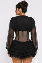 Women's black lace-up corset sheer sleeve ruffle romper - photo 3